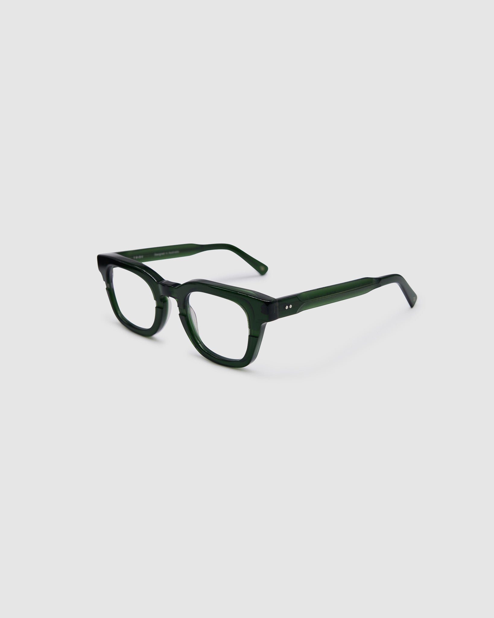 Bowie Optical by Tribu Eyewear — Forest Green optical frame, side view studio lighting.