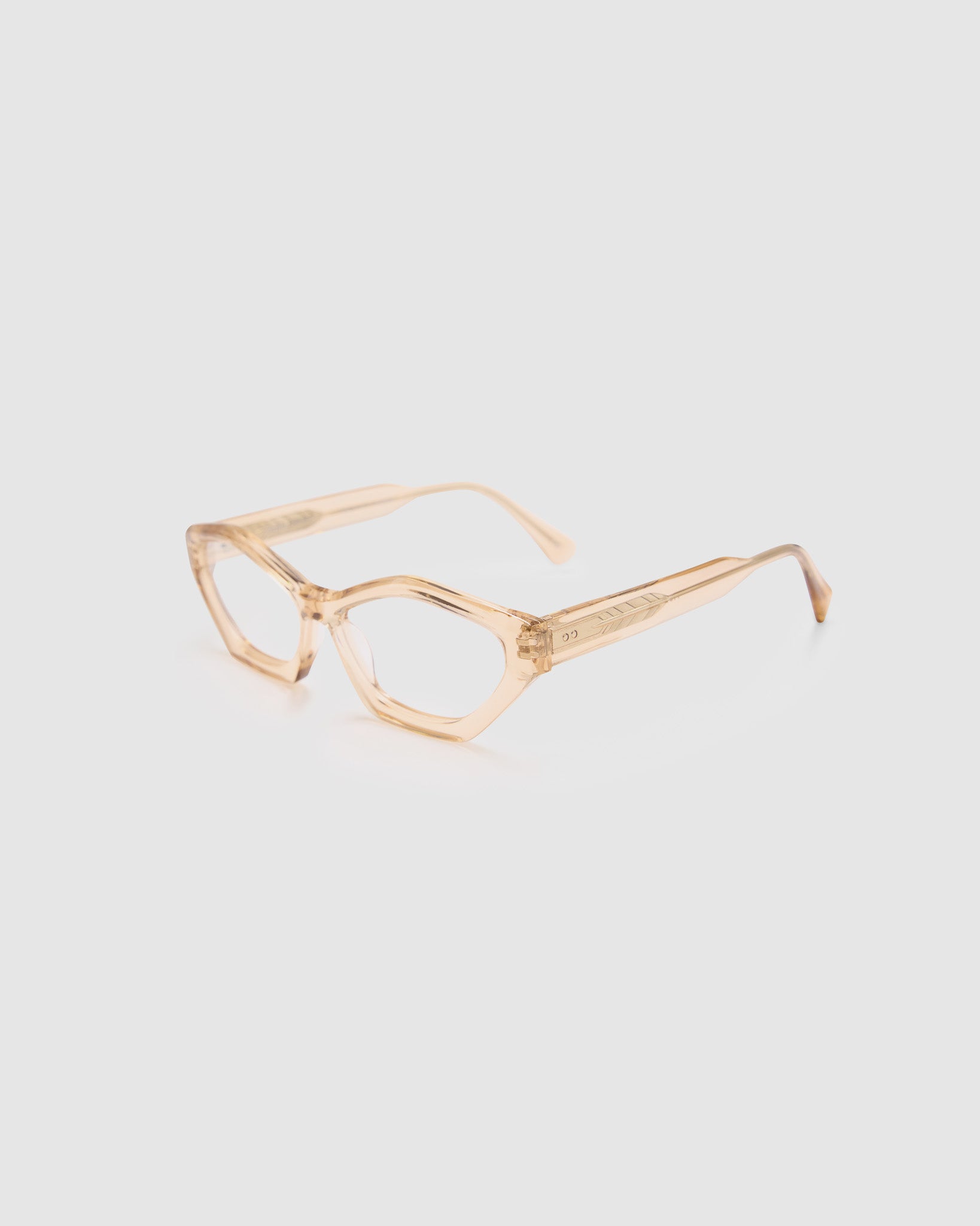 Franky Optical by Tribu Eyewear — Champagne Crystal Cat-eye optical frame, side view studio lighting.