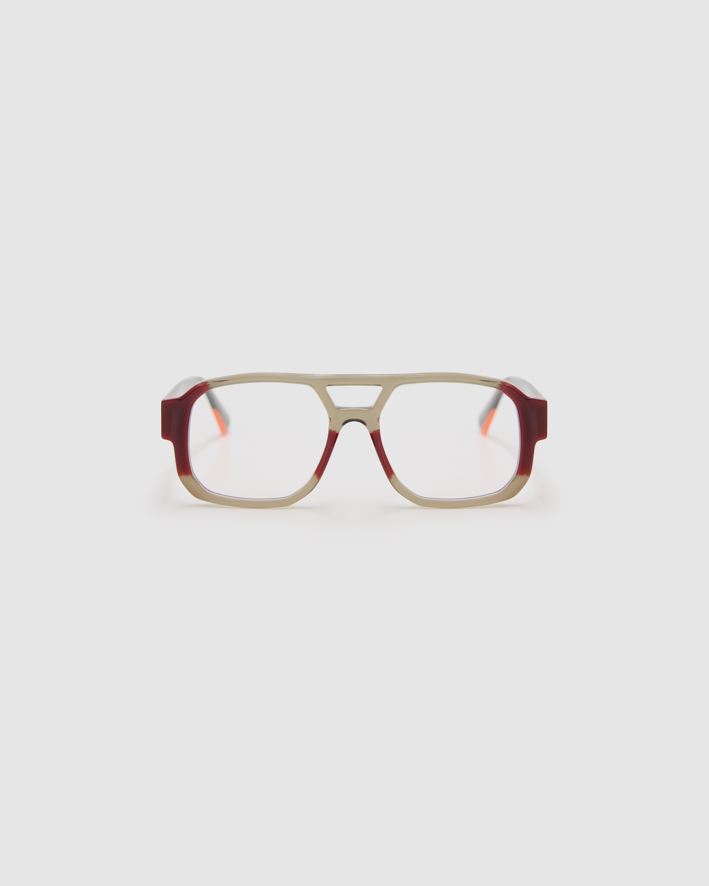 The DON Optical by Tribu Eyewear — Burgundy on Smoke Aviator frame, front view studio lighting.