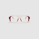 The DON Optical by Tribu Eyewear — Deep Red on Smoke Aviator frame, front view studio lighting.