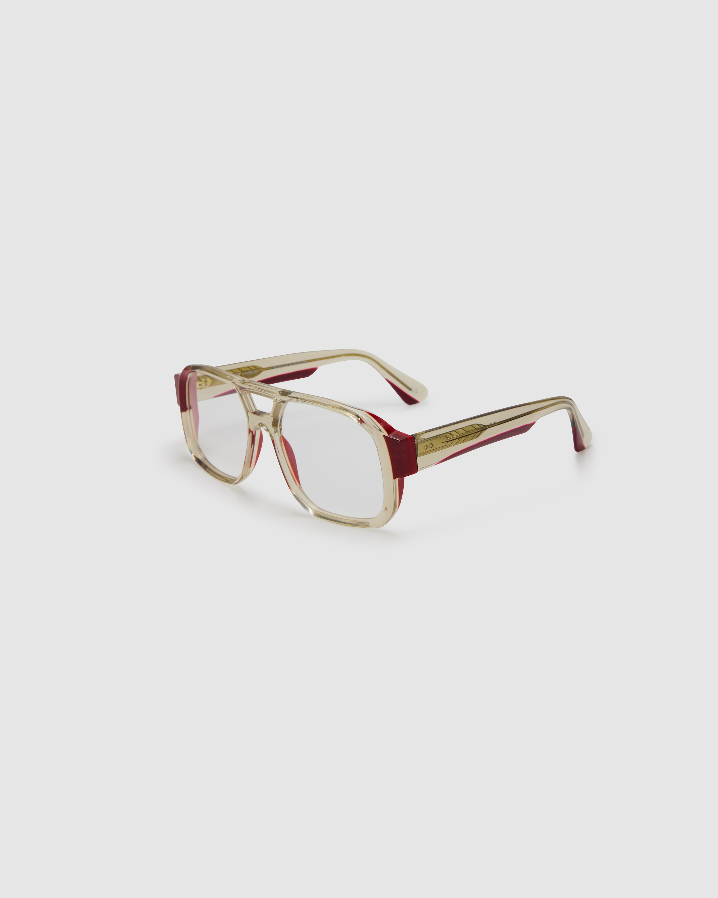 The DON Optical by Tribu Eyewear — Burgundy on Smoke Aviator frame, side view studio lighting.