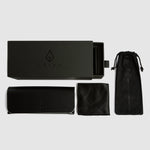 Black eyewear case set with pouch on a light gray background