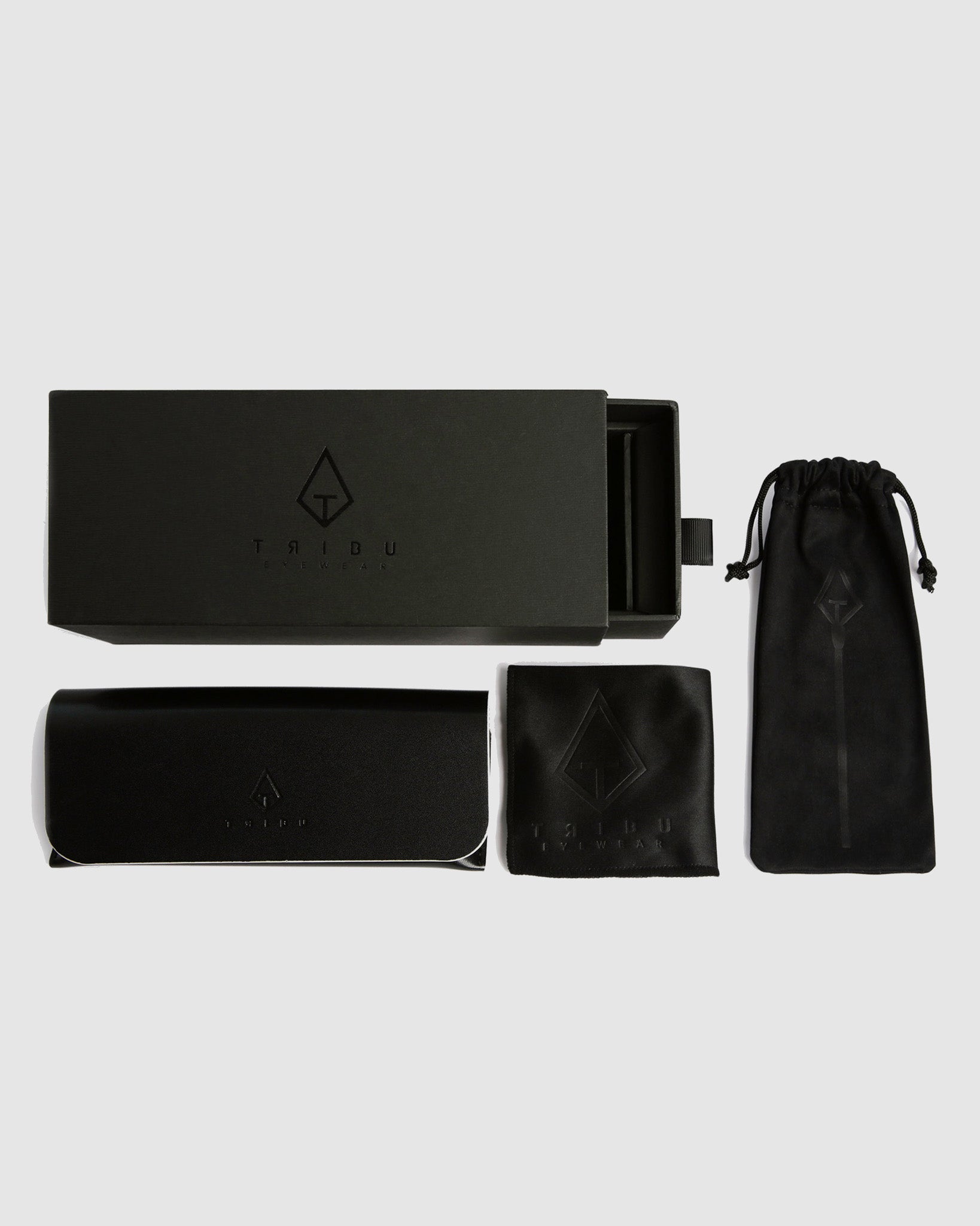 Black eyewear case set with pouch on a light gray background