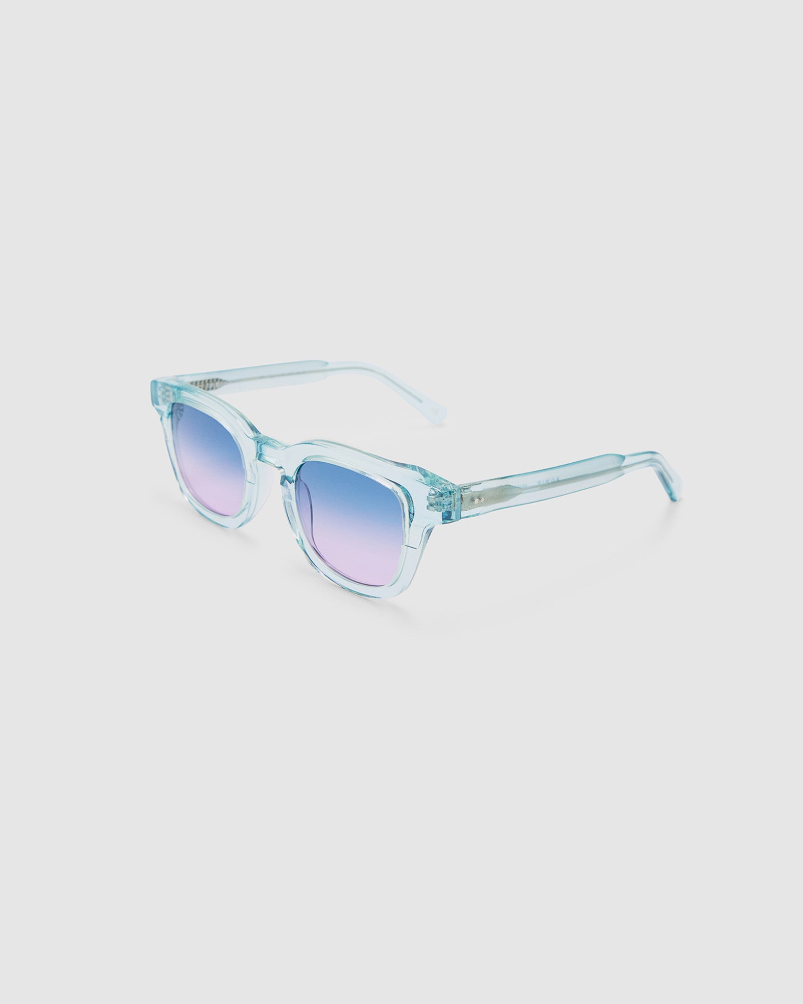Bowie sunglasses with soft blue to purple gradient tinted lenses in baby blue crystal acetate, side view