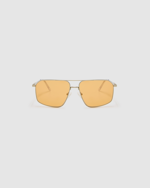 Fonda Silver Sunglasses by Tribu Eyewear  — Fine wire metal aviator frame, desert orange lens, front view on white background.