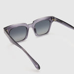Brutal 1.0 Polarised Sunglasses by Tribu Eyewear — Smoke rectangular acetate frame, grey grad lens, detailed view light grey background.