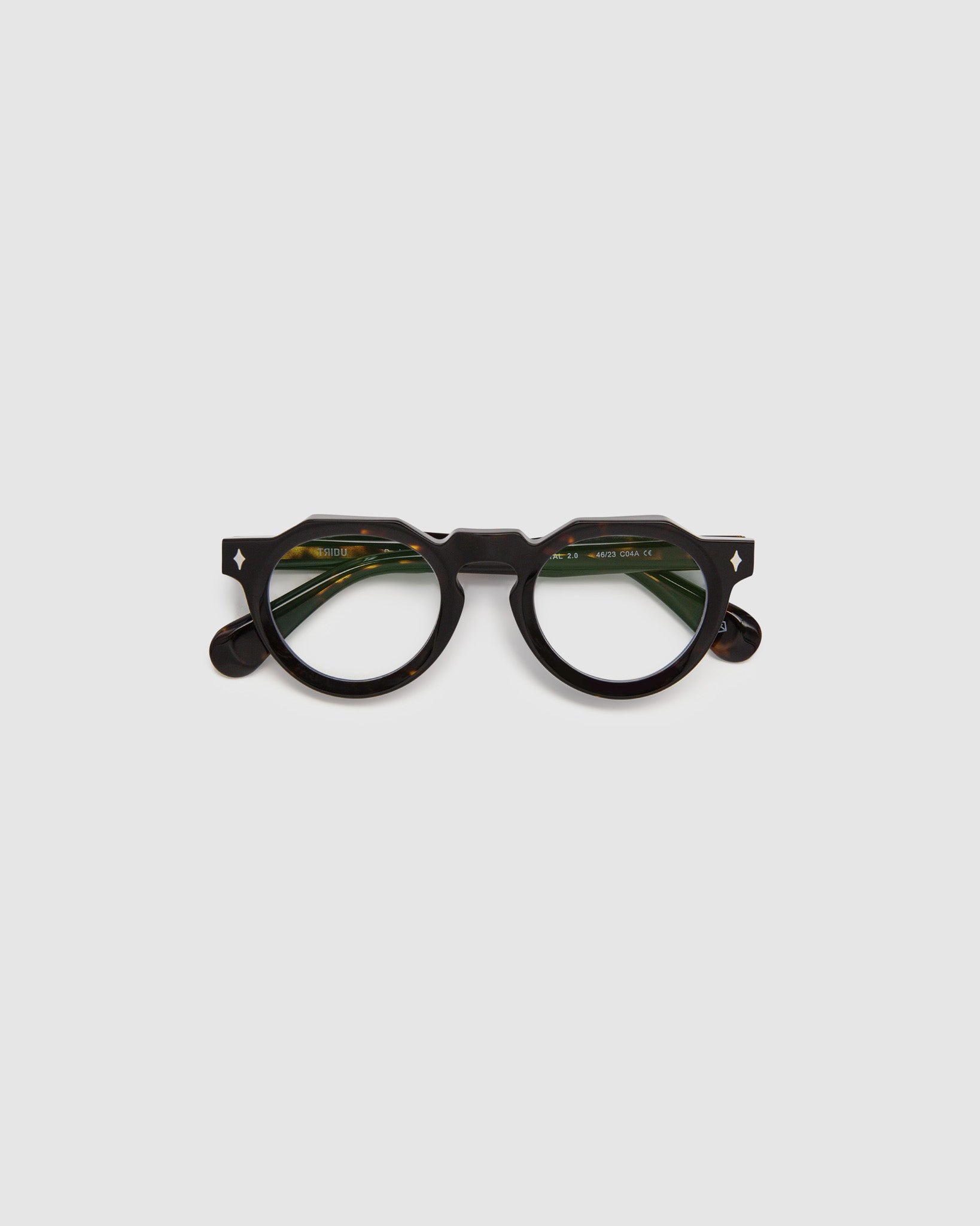 Brutal 2.0 Optical by Tribu Eyewear — Tortoiseshell round optical frame, flat view studio lighting. 