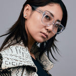 Brutal 3.0 Optical by Tribu Eyewear — Crystal Square optical frame, female model studio lighting. 