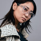 Brutal 3.0 Optical by Tribu Eyewear — Crystal Square optical frame, female model studio lighting. 