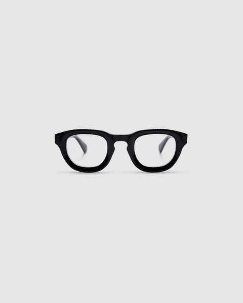 Brutal 4.0 Optical by Tribu Eyewear — Black on Crystal round optical frame, front view studio lighting. 