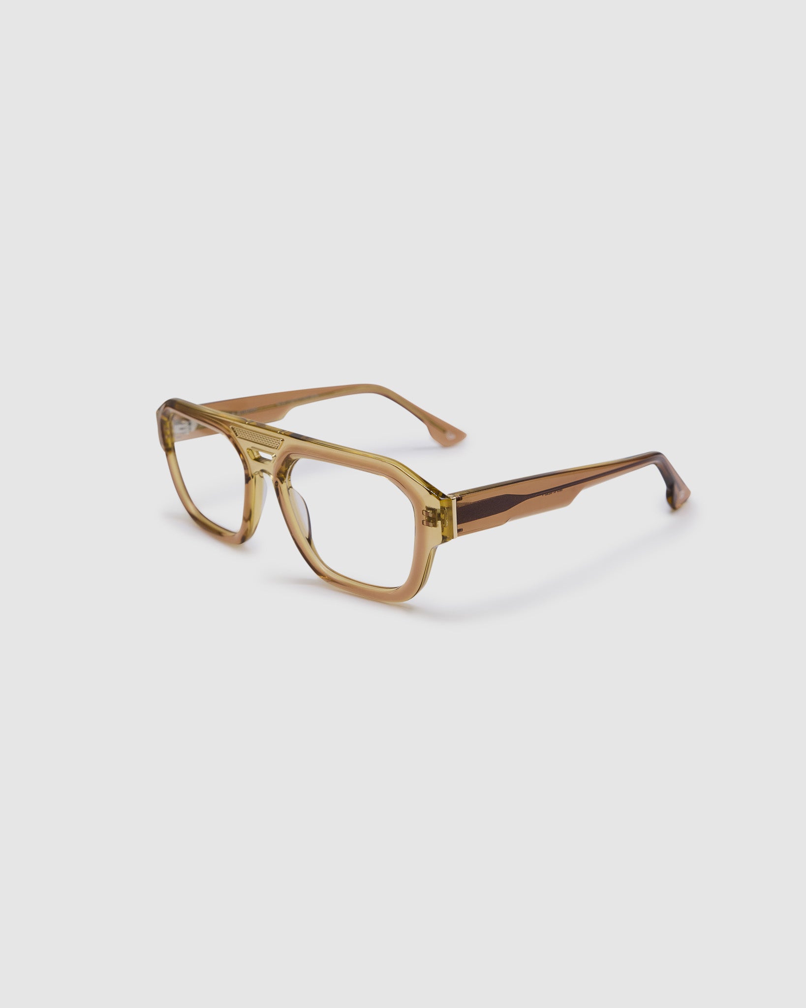 Marley Optical by Tribu Eyewear — Champagne crystal acetate aviator optical frame, side view against a white background. 