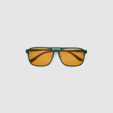 Oscar Sunglasses by Tribu Eyewear — Forest Green Aluminium Aviator frame, Desert Orange lens flat view against white background.