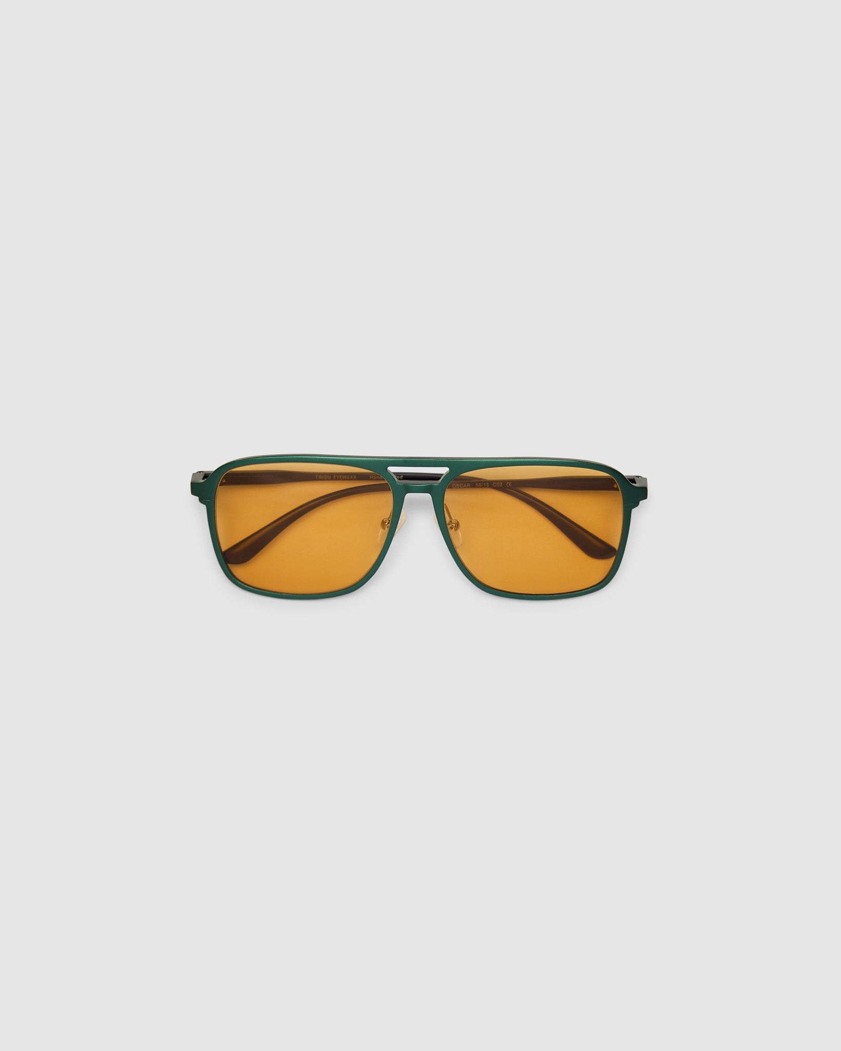 Oscar Sunglasses by Tribu Eyewear — Forest Green Aluminium Aviator frame, Desert Orange lens flat view against white background.