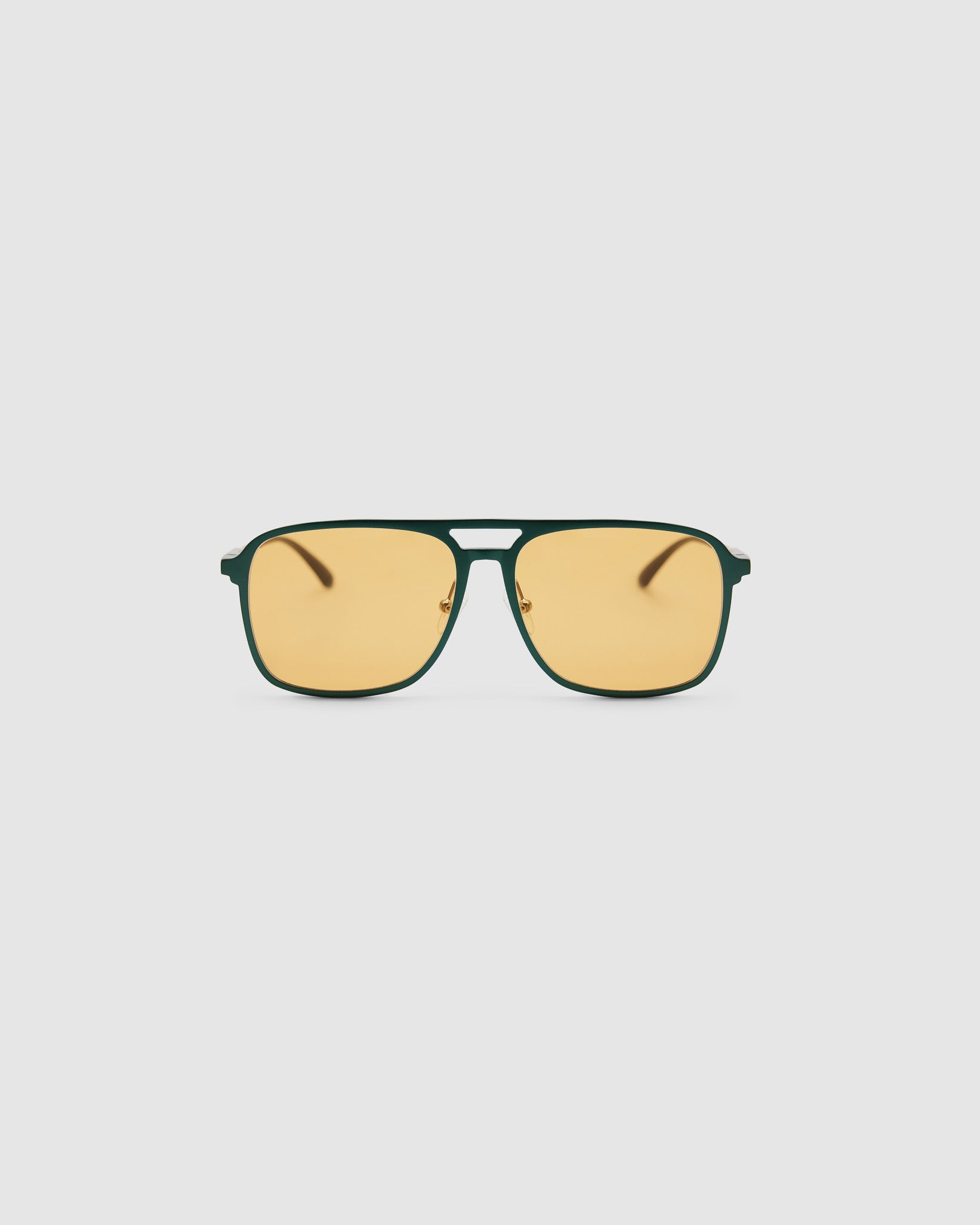 Oscar Sunglasses by Tribu Eyewear — Forest Green Aluminium Aviator frame, Desert Orange lens front view against white background.