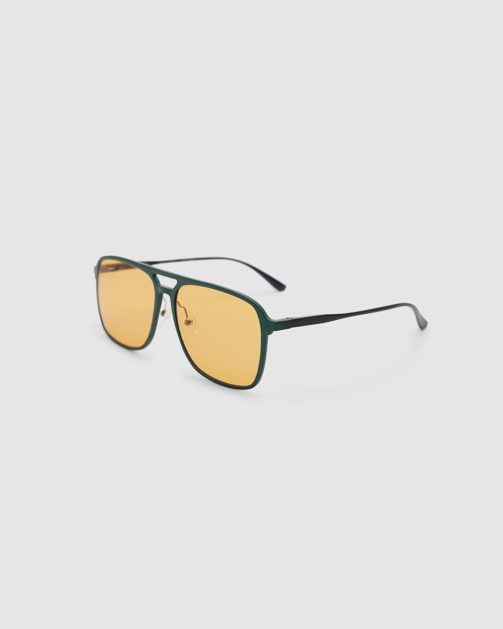 Oscar Sunglasses by Tribu Eyewear — Forest Green Aluminium Aviator frame, Desert Orange lens, side view against white background.