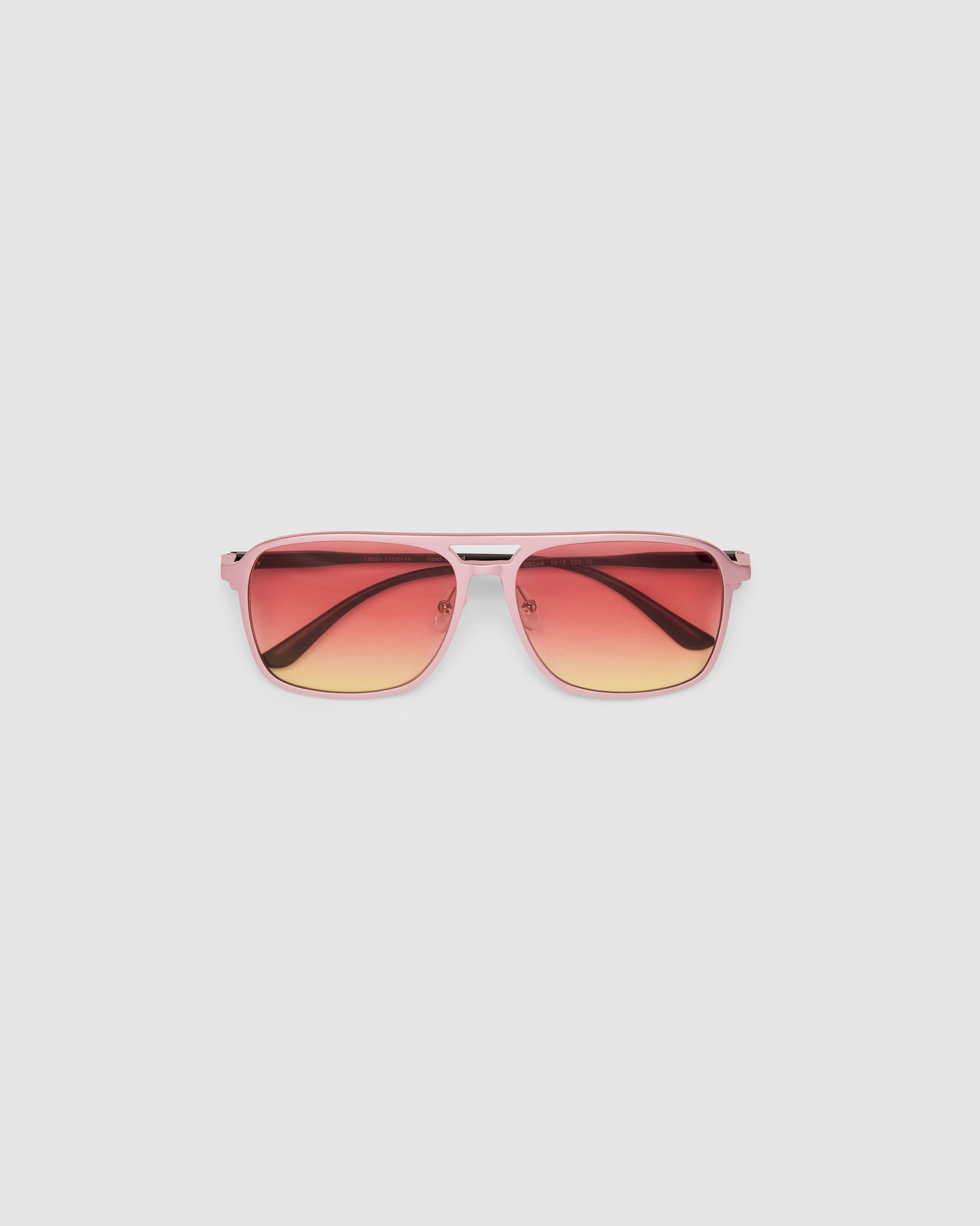 Oscar Sunglasses by Tribu Eyewear — Metallic Pink Aluminium Aviator frame, Sunset lens flat view against a white background.