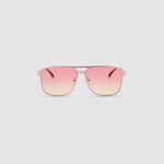 Oscar Sunglasses by Tribu Eyewear — Metallic Pink Aluminium Aviator frame, Sunset lens front view against a white background.