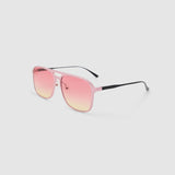 Oscar Sunglasses by Tribu Eyewear — Metallic Pink Aluminium Aviator frame, Sunset lens side view against a white background.