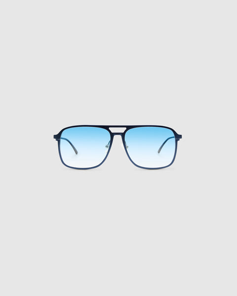 Oscar Sunglasses by Tribu Eyewear — Midnight Blue Aluminium Aviator frame, Blue Skies lens front view.

