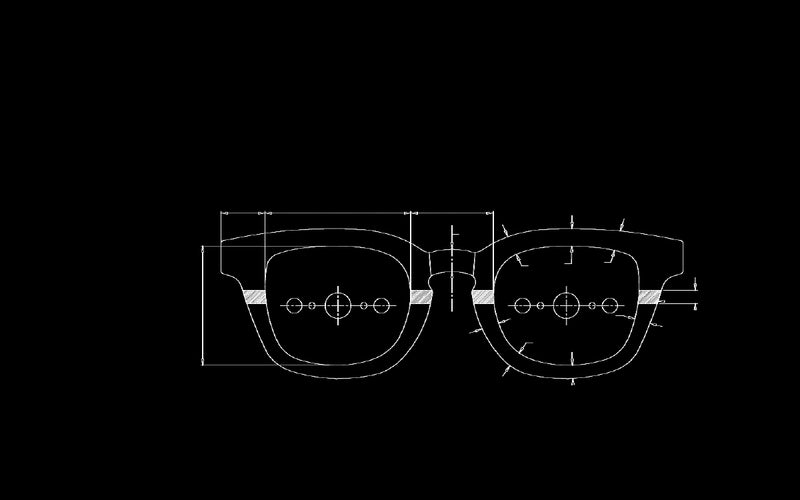 Inverted technical drawing of Bowie sunglasses