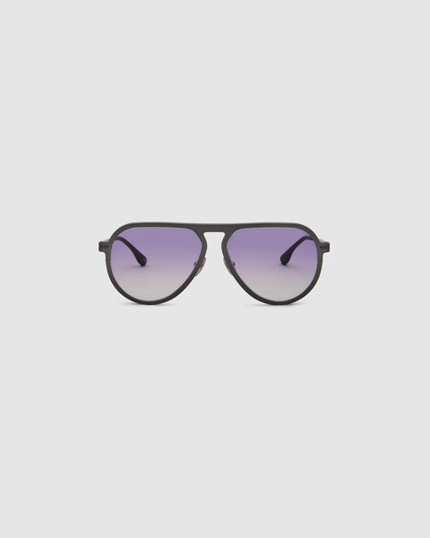 TRIBU Carbon 1.0 Black carbon fibre sunglasses with violet purple fade lenses, front view.