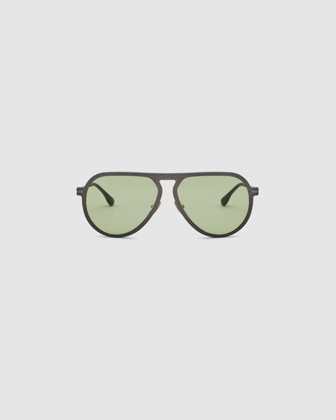 TRIBU Carbon 1.0 Gun carbon fibre sunglasses with sage green lenses, front view.