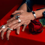 Cross Ring TRIBU — Sterling Silver, closeup model wearing all rings