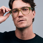 Billie Optical by Tribu Eyewear — Grass Aviator optical frame, male model studio lighting. 
