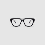 Billie Optical by Tribu Eyewear — Matte Black Aviator optical frame, front view studio lighting. 
