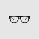 Billie Optical by Tribu Eyewear — Matte Black Aviator optical frame, front view studio lighting. 
