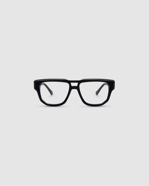 Billie Optical by Tribu Eyewear — Matte Black Aviator optical frame, front view studio lighting. 
