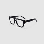 Billie Optical by Tribu Eyewear — Matte Black Aviator optical frame, side view studio lighting. 
