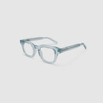 Bowie Optical by Tribu Eyewear — Baby Blue Crystal optical frame, side view studio lighting. 