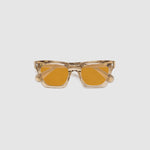 Brutal 1.0 Sunglasses by Tribu Eyewear — Champagne crystal acetate square frame, desert orange tint lens, flat view, grey background.