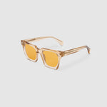 Brutal 1.0 Sunglasses by Tribu Eyewear — Champagne crystal acetate square frame, desert orange tint lens, detailed side view, grey background.