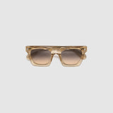 Brutal 1.0 Sunglasses by Tribu Eyewear — Champagne crystal acetate square frame, dusk tint lens, flat view, grey background.