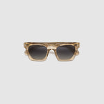 Brutal 1.0 Sunglasses by Tribu Eyewear — Champagne crystal acetate square frame, grey gradient polarised lens flat view.