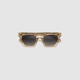 Brutal 1.0 Sunglasses by Tribu Eyewear — Champagne crystal acetate square frame, grey gradient polarised lens flat view.