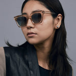 Brutal 1.0 Sunglasses by Tribu Eyewear — Champagne crystal acetate square frame, grey gradient polarised, female model.