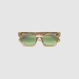 Brutal 1.0 Sunglasses by Tribu Eyewear — Champagne crystal acetate square frame, sage lens, flat view, grey background.