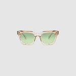 Brutal 1.0 Sunglasses by Tribu Eyewear — Champagne crystal acetate square frame, sage lens, front view, grey background.