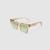Brutal 1.0 Sunglasses by Tribu Eyewear — Champagne crystal acetate square frame, sage lens, side view, grey background.