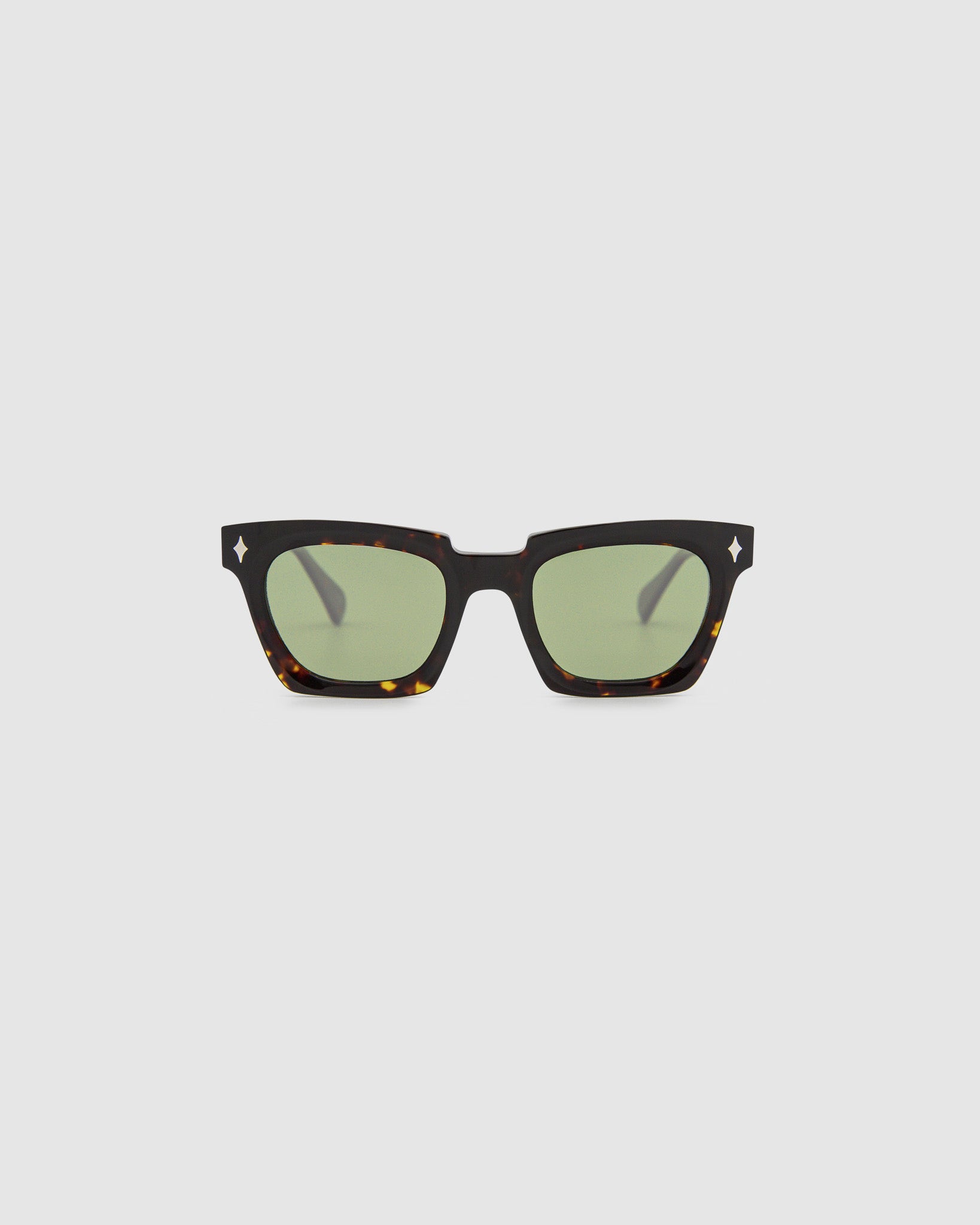 Brutal 1.0 Sunglasses by Tribu Eyewear — Tort acetate square frame, sage tint lens, front view, grey background.