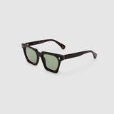Brutal 1.0 Sunglasses by Tribu Eyewear — Tort acetate square frame, sage tint lens, side view, grey background.