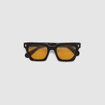 Brutal 1.0 Sunglasses by Tribu Eyewear — Tort acetate square frame, desert orange  lens, flat view, grey background.