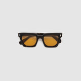 Brutal 1.0 Sunglasses by Tribu Eyewear — Tort acetate square frame, desert orange  lens, flat view, grey background.