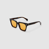 Brutal 1.0 Sunglasses by Tribu Eyewear — Tort acetate square frame, desert orange  lens, side view, grey background.