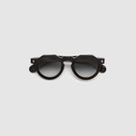 Brutal 2.0 Sunglasses by Tribu Eyewear — Grey grad polarised lens in a black round acetate frame, flat view on grey background.