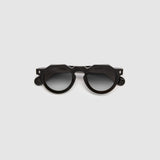 Brutal 2.0 Sunglasses by Tribu Eyewear — Grey grad polarised lens in a black round acetate frame, flat view on grey background.