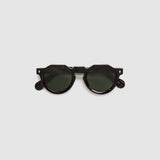 Brutal 2.0 Sunglasses by Tribu Eyewear — Green polarised lens in a round tort acetate frame, flat view on grey background.
